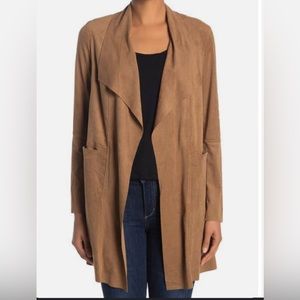 Max Studio Faux Ultra Suede Long Jacket Brown Pocket vegan Collar Lightweight